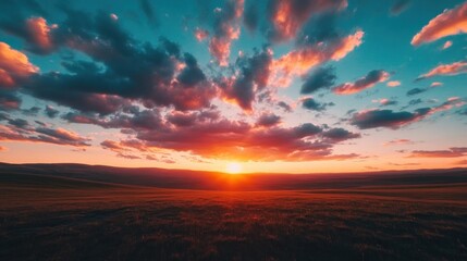 Fototapeta premium a tranquil landscape featuring a radiant sunset with the sun dip