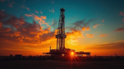 silhouette of an oil drilling rig against a vibrant sunset sky showcasing energy production and industrial landscape during twilight hours