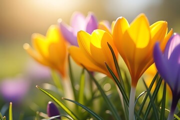 Naklejka premium Beautiful spring background with close-up of blooming yellow and purple crocus.