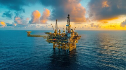 Obraz premium Offshore oil rig platform construction in open sea at sunset for energy production