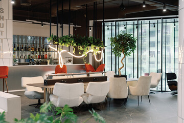 Interior of open space office without people at daytime