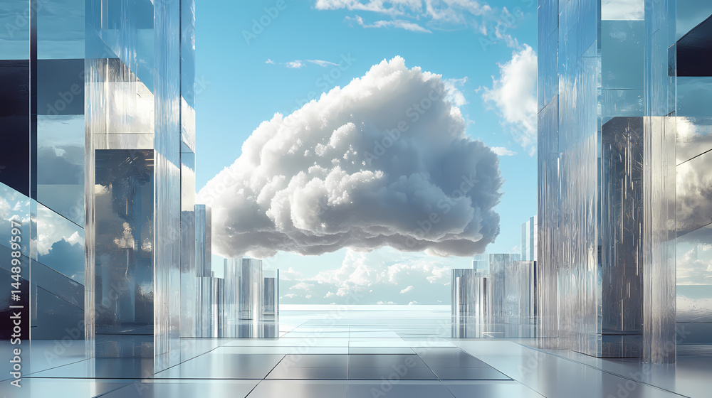 Sticker surreal architecture with a giant cloud inside a metallic room. generative ai image. [dream architec