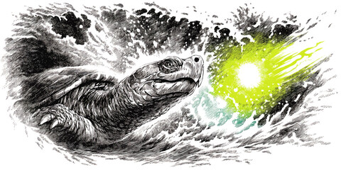 Majestic Sea Turtle Ink Drawing with Vibrant Splash of Colorful Abstract Beam – Artistic Wildlife Illustration Concept