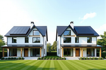 A modern duplex with solar panels on each unit’s roof, surrounded by neatly trimmed hedges and trees.