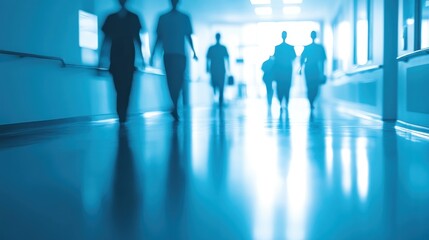 blurred figures walking down the long hallway in the hospital ba