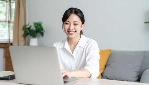 リビングにてノートパソコンを使用してリモートワークを行う30代の日本人女性