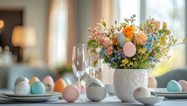 a springtime easter table setting showcasing pastel colored eggs nestled among a vibrant floral arrangement with blurred glassware and background