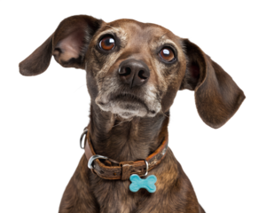 Crossbreed dog wearing collar and bone shaped id tag posing on white background