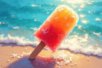 Vibrant Beach Scene: Melting Popsicle in Sunlit Ocean and Sky