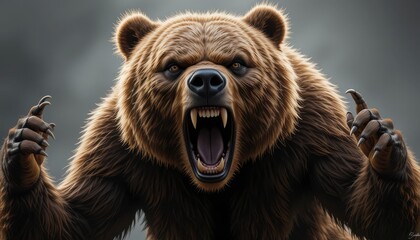 Obraz premium Roaring Brown Bear Portrait with Sharp Claws Raised in Defense