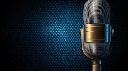 Vintage Microphone on Blue Stage Background: Retro Audio Broadcast
