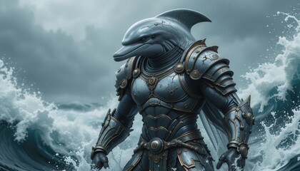 Dolphin Warrior in Armor Standing Against Stormy Ocean Waves
