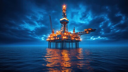 Offshore platform shines brightly in the ocean at night for energy production