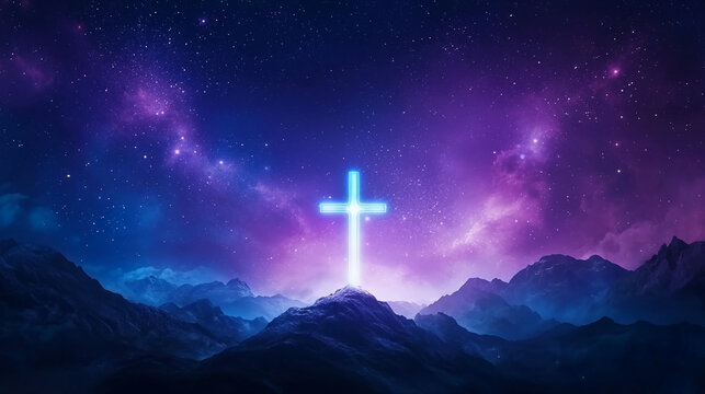 A glowing cross stands on a mountain under a starry, purple night sky, evoking a sense of spirituality and wonder.