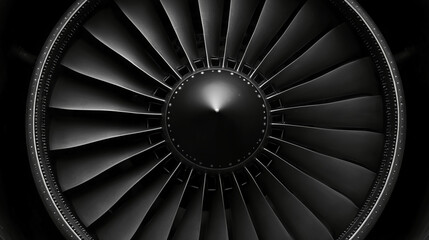 A close-up view of a jet engine turbine, showcasing its sleek metallic blades in a symmetrical circular pattern.