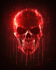 A skull with red paint on it. The skull is surrounded by a red glow