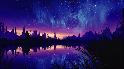 Tranquil Lake Under Starry Night Sky, Aurora and Silhouette of Man with Staff in Pine Forest, Beautiful Digital Landscape Art