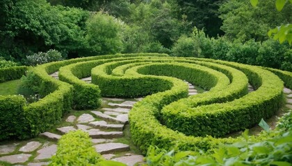 Stone Spiral Path in a Lush Green Garden. 1