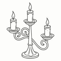 Candelabrum With Three Burning Candles Outlined Isolated On White Background