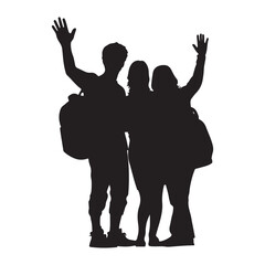 Silhouette of traveling group waving goodbye with backpacks for travel blog and design projects