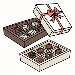 Illustration Of Open Chocolate Boxes With Ribbon Bow And Variety Of Chocolates