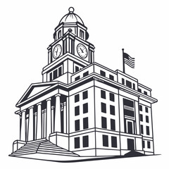 Black And White Illustration Of A Vintage Courthouse With Clock Tower