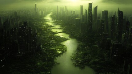 Obraz premium Urban fusion nature illustration of city silhouettes dissolving into vibrant digital forests symbolizing convergence of technology and nature