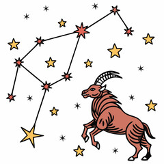 Capricorn Zodiac Sign With Goat And Constellation Stars Astrology Theme