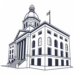 Government Building Illustration With Dome And Flagpole In Monochrome Style