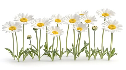 A group of daisies arranged neatly on a white background with space to insert text generative ai