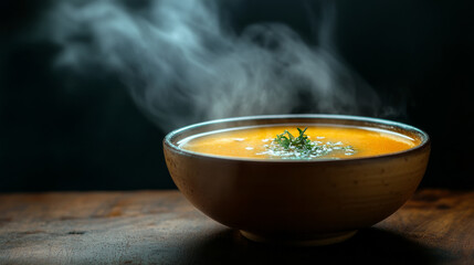 A bowl of steaming hot soup sits on a wooden table against a dramatic dark background