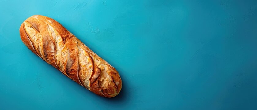 Loaf of crusty bread on crumpled paper against a textured vibrant color background. Top down aerial view of fresh bread scattering. Flat lay composition with copy space for food and bakery. AIG55.