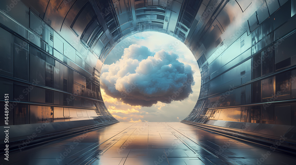 Wall mural surreal architecture with a giant cloud inside a metallic room. generative ai image. [dream architec
