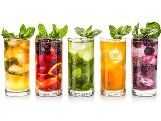 Five refreshing summer cocktails in tall glasses garnished with mint and berries on white background.