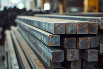 Stack of square metal bars, raw industrial material close up photograph