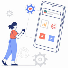 Woman Managing Mobile App Development With Icons Gears And Smartphone Design