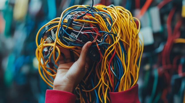 A hand lifts a mass of tangled outdated tech cables, representing e-waste and electronic recycling