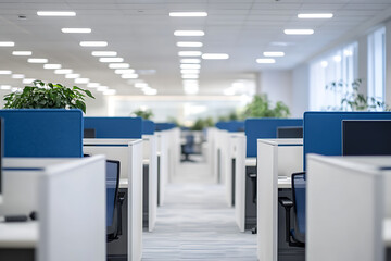 Blurred office interior background with blurry white cubicles and lighting, creating an abstract work environment concept.