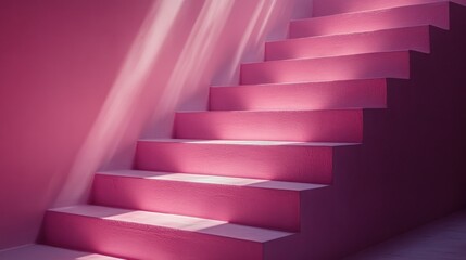 Obraz premium Pink stairs, sunlit interior, minimalist design, product display