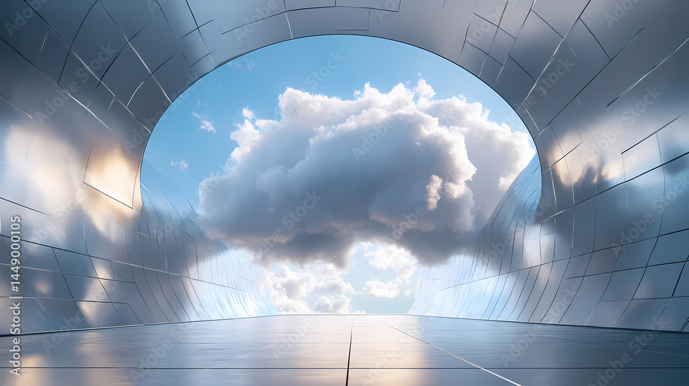 Wall mural surreal architecture with a giant cloud inside a metallic room. generative ai image. [dream architec