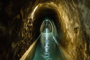 Naklejka premium Mysterious underground water channel flowing through ancient stone tunnel dimly lit with a greenish hue creating a