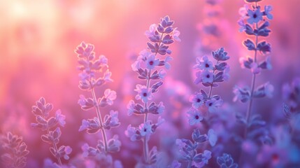 Naklejka premium Soft purple flowers bloom under a warm light during sunset in an open garden