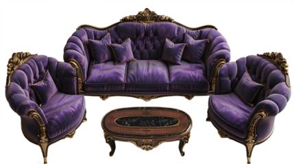 Luxury ornate purple sofa isolated on transparent background