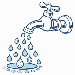 Cartoon Faucet Dripping Water With Blue Outline Vector Illustration Design