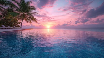 Tropical Sunset View Over Infinity Pool with Palm Trees and Colorful Sky