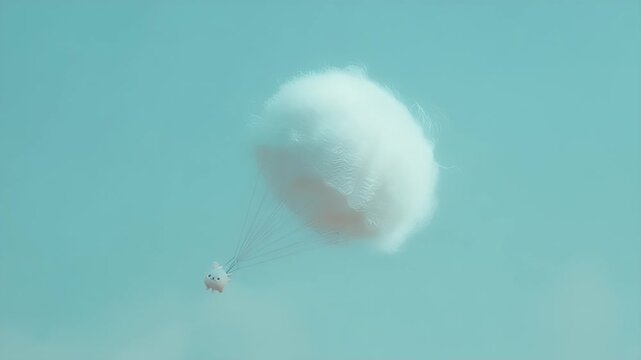 Light beige animal flying in fluffy white parachute