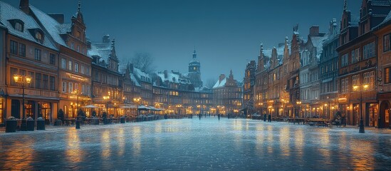 Snowy Town Square at Dusk.