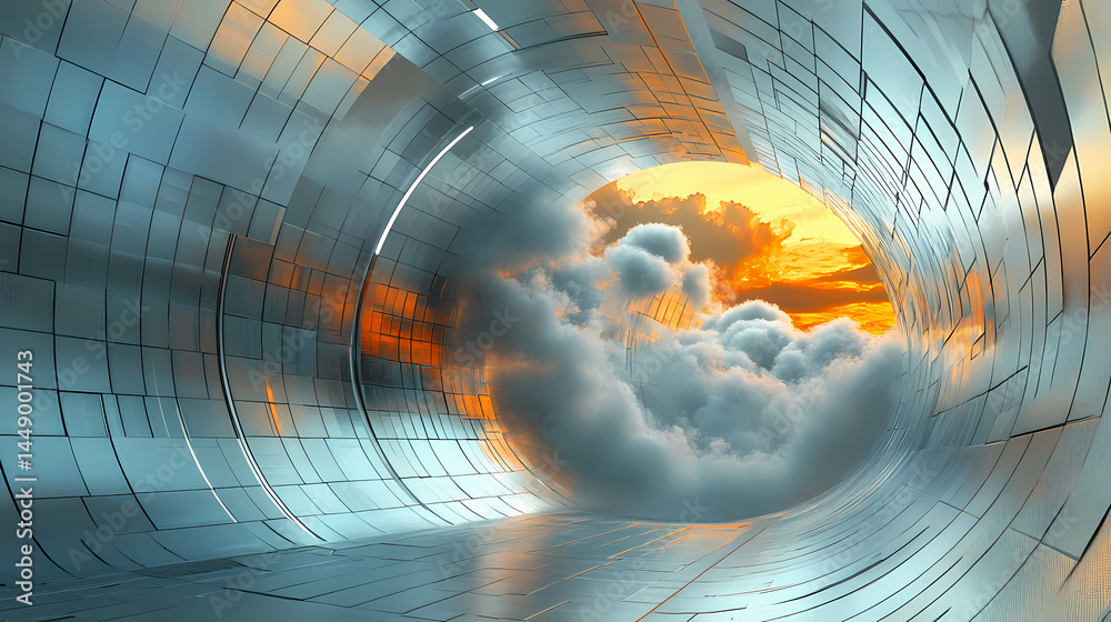 Wall mural surreal architecture with a giant cloud inside a metallic room. generative ai image. [dream architec
