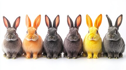 Obraz premium Colorful rabbits lined up in a row against a white background showcasing their unique fur patterns and shades