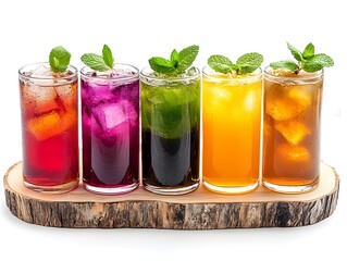 Fototapeta premium Five refreshing iced tea variations in tall glasses with ice and mint garnishes are arranged on a rustic wooden serving tray against a white